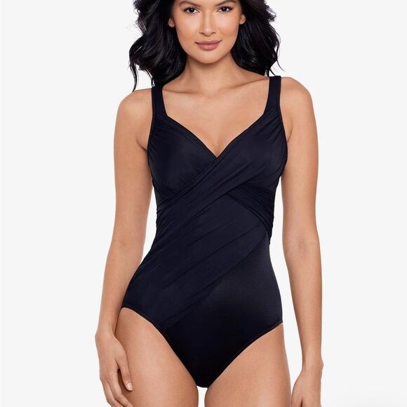 Miraclesuit women’s 8 revele one piece swimsuit black draped slimming flattering - Picture 1 of 11